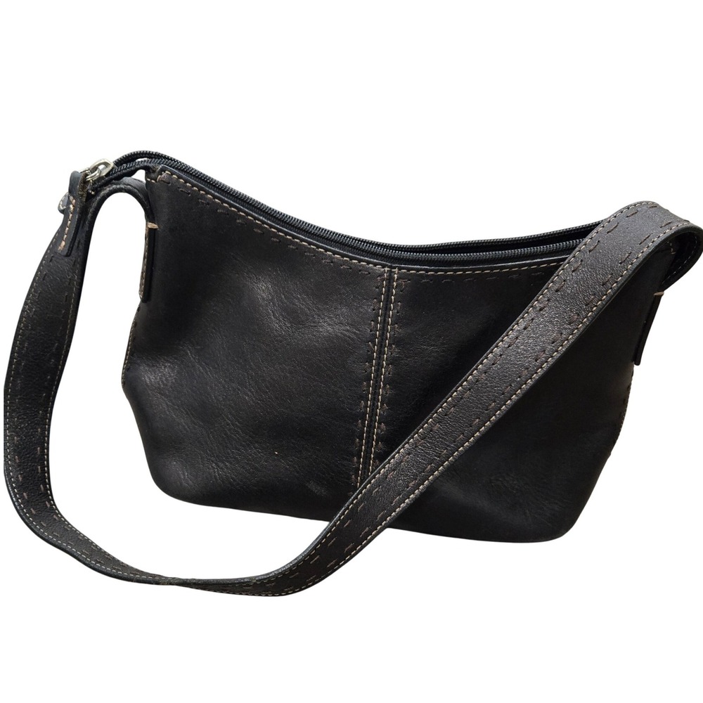Vintage Fossil Black Leather Shoulder Bag Contrast Stitch Hobo 90s Y2K Indie